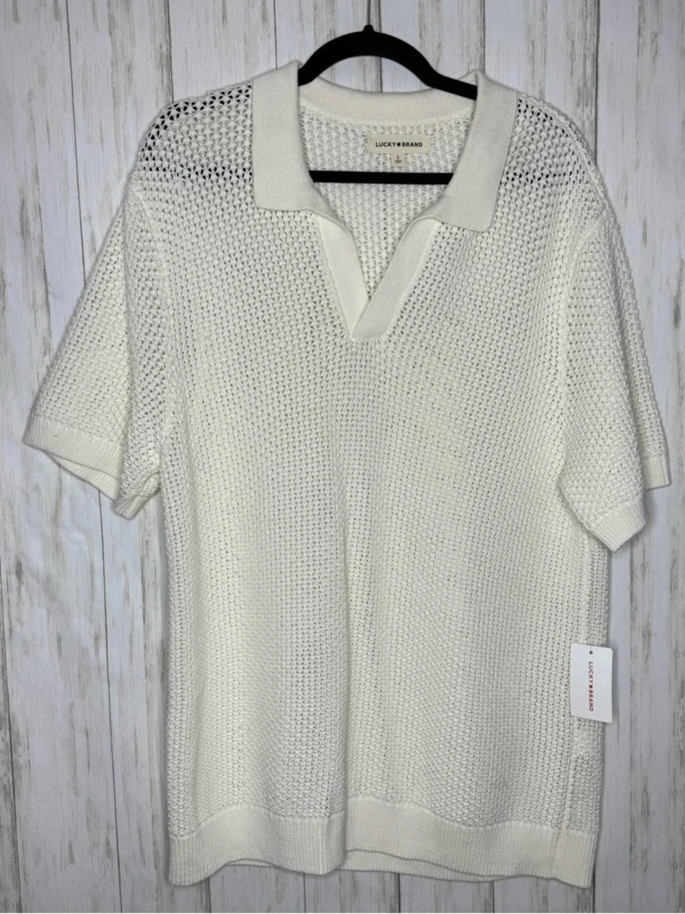 Lucky Brand Cream Pointelle Open Knit Johnny Collar Sweater Top Large